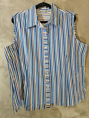 Ninety Woman Size 2X Plus Blue White Tan Striped Woven Collared Sleeveless Top